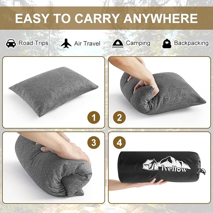 Ivellow Travel Pillow Compressible Camping Pillow for Sleeping Shredded Memory Foam Pillow Compact Firm Supportive Pillow for Adults Kids Outdoor Backpacking Hiking Essential Gear
