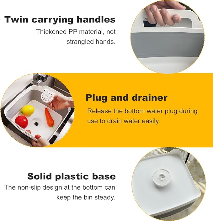 Collapsible Wash Basin with Drain Plug – 2.4 Gallon Portable Sink Tub for Baby Bottles, Dishwashing, RV & Camping | Space Saving Foldable Design | BPA-Free TPR/PP Material (Grey)