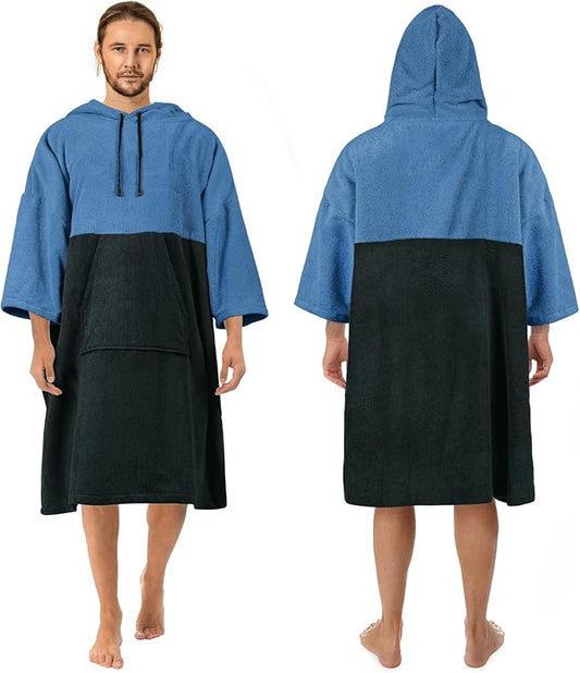 Surf Poncho Changing Robe, 3/4 Sleeve Extra Large Thick Hoodie Towel Poncho for Men Women Beach Swimming, 43" x 35", Black Blue