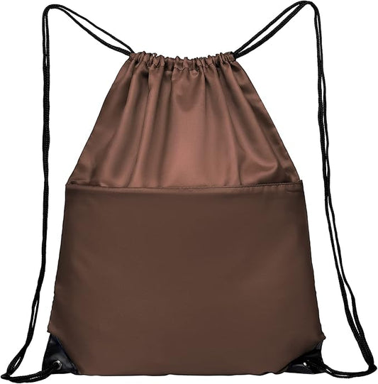 BuyAgain Drawstring Backpack Sports Water Resistant String Bag Sport Gym Sackpack for Women Men Students Large Size with Zipper, Brown