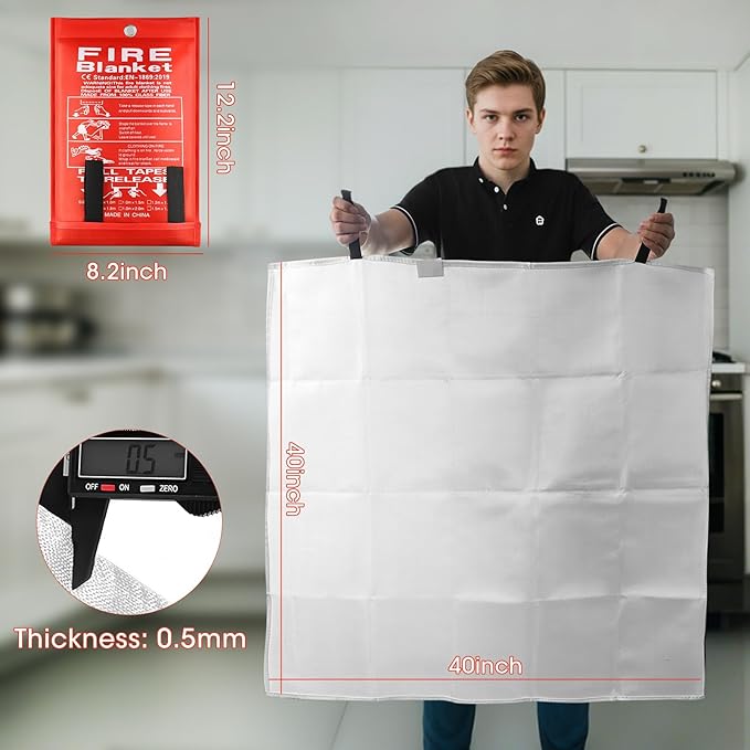 Emergency Fire Blanket, 40"x40" Fiberglass Suppression Fire Retardant Blankets for Home, Kitchen, Camping, Grill, Car, Office, Warehouse with Hooks(6 Pack)