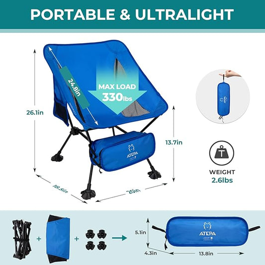 ATEPA Backpacking Chair, Ultralight Folding Portable Small Camping Chairs for Adults Compact Foldable Beach Seat with Anti-Sinking Feet & Aluminum Frame for Outdoor Hiking Travel Fishing