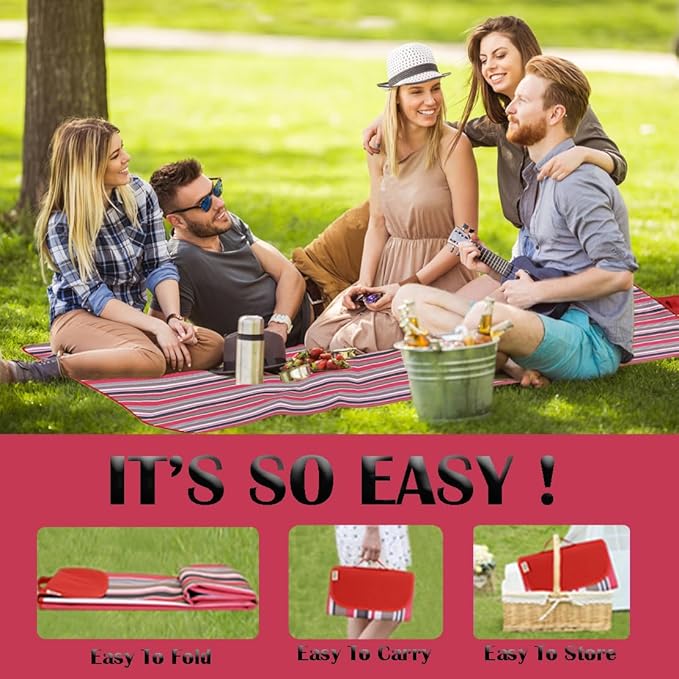 Picnic Blanket Waterproof Washable Foldable 58''x78'',Extra Large Picnic Mat, Dual Layers for Outdoor Water-Resistant Handy Mat, Beach, Intdoor,Camping on Grass - Red Stripes