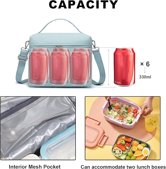 NOL Natural Organic Lifestyle Insulated Lunch Bags for Women Cooler Bag Lightweight Nylon Waterproof Lunch Box For Work (Small, Light blue)