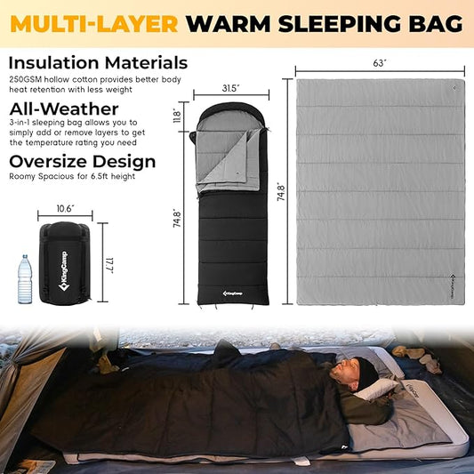 KingCamp 3-in-1 Sleeping Bag for Adults Cold & Warm Weather, XL Size for Big & Tall Individuals, Waterproof, Flannel Lining, Extra Length-Ideal for Camping & Backpacking