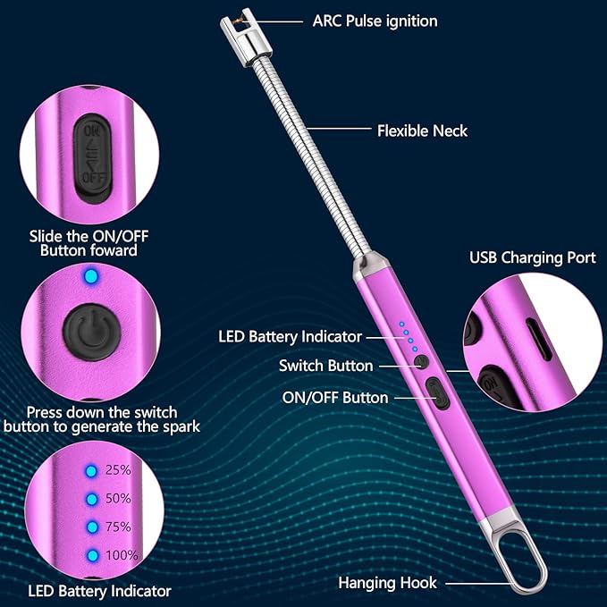 MEIRUBY Lighter Electric Candle Lighter Birthday Gifts for Women Mom Wife Men, Long Electronic Rechargeable USB Lighter Arc Windproof Flameless Lighters for Candle Camping BBQ (Purple)