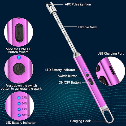 MEIRUBY Lighter Electric Candle Lighter Birthday Gifts for Women Mom Wife Men, Long Electronic Rechargeable USB Lighter Arc Windproof Flameless Lighters for Candle Camping BBQ (Purple)