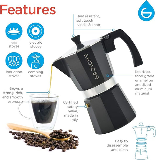 GROSCHE Milano Stovetop Espresso Maker Moka Pot Cuban Coffee Maker Stovetop Coffee Maker Moka Italian Greca Brewer Percolator | 6 Espresso Cup, Black