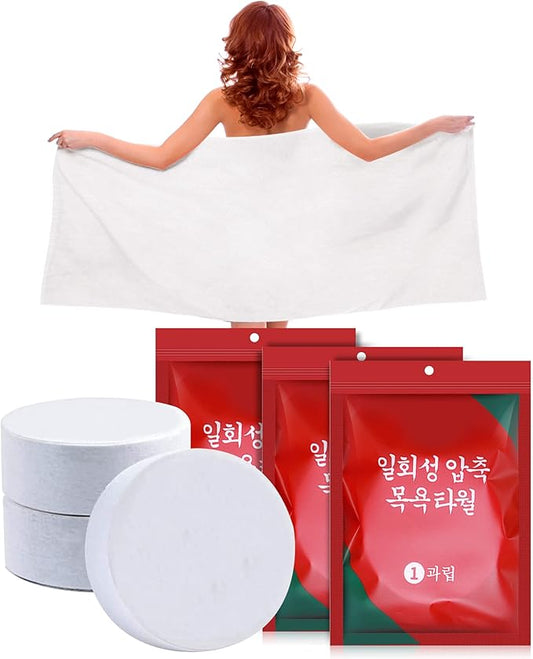 GXF 3 Packs Compressed Bath Towel Tablets, 56'' x 28'' Pure Cotton Portable Disposable Hypoallergenic Dehydrated Expandable Compact Compressed Towels Washcloths for Camping Swimming Traveling Hiking