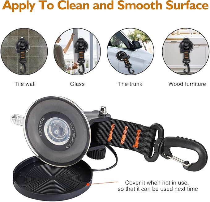 CONBOLA Suction Cups Hooks,Heavy Duty 2 Pieces with Rotatable Hooks Tie Down Suction Cup Camper Accessories with Viscous Silicone Strong Power for Car Boat Awning Camping Trap.(2 pcs,Orange)