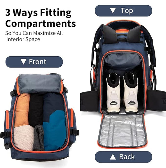 Ski Boot Bag Backpack, 50L Large Capacity Water-Resistant Padded Ski Travel Bag & Snowboard Boot Bag for Ski Boots, Helmet, Goggles, Clothes, Gloves, Snowboard Gear (Dark Blue)