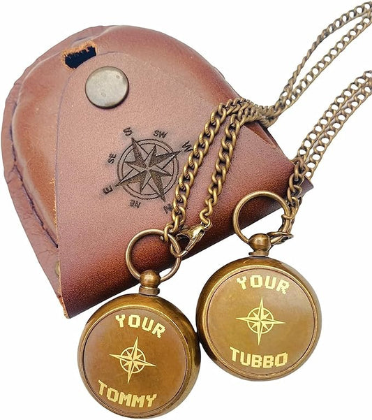 Backone Your Tommy Your Tubbo Lock It Compass Nautical Antique Engraved Brass Compass, with Leather Carry Case, with Chain Pirates Compass, Hiking Outdoor |Compass
