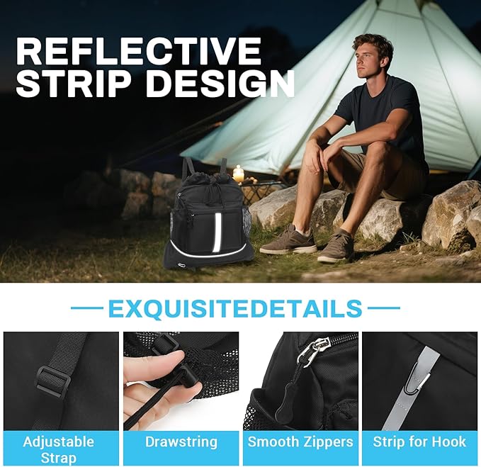 Drawstring Backpack, Waterproof Sandproof Beach Backpack for Sport Gear Small Gym Bag with Hidden Ball Net Pocket and Seperated Wet Pocket Draw String Back Bag for Women Men, Black