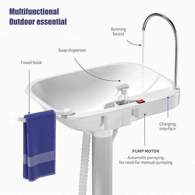 Portable Camping Automatic for Outdoor Events, Gatherings, Worksite & Camping Sink with Type-c Port w/Towel Holder & Soap Dispenser -【Automatic Water Pump】 Feature Hand Wash Basin Stand 18L
