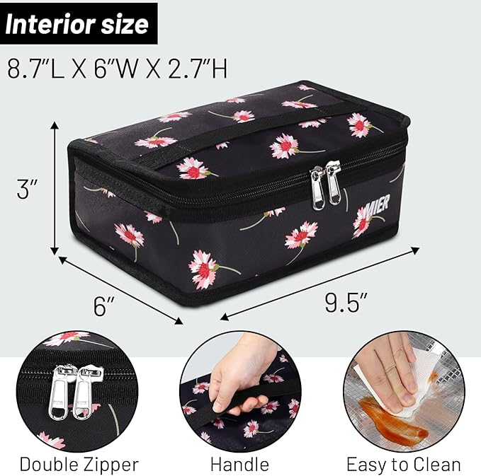MIER Portable Thermal Insulated Cooler Bag Mini Lunch Bag for Women Teen Girls Kids, Black Floral