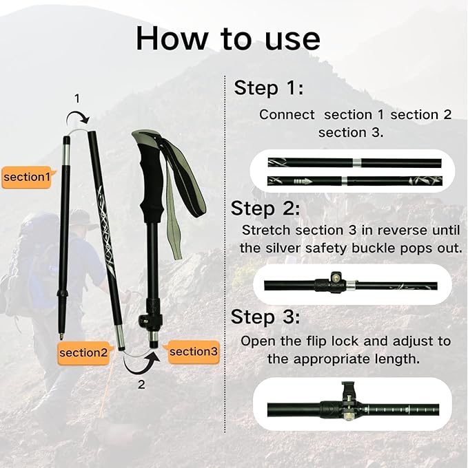 Folding Trekking Poles, Hiking Travel Poles, Hiking Equipment, Lightweight Trekking Poles, Suitable for Men and Women, The Elderly and Children，with an Outdoor Compass