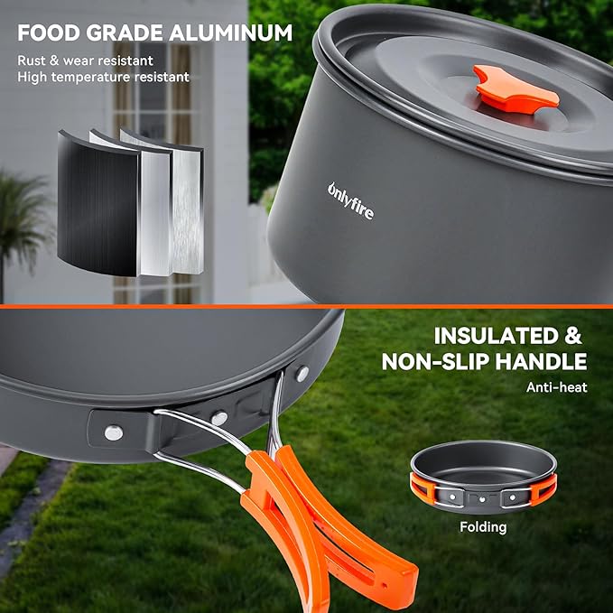 Onlyfire 10pcs Camping Cookware Mess Kit, Non-Stick Lightweight Pot Pan Kettle Set with Plates Forks Knives Spoons for Camping, Backpacking, Outdoor Cooking and Picnic CT603