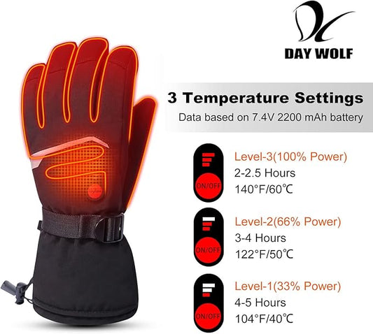 day wolf Upgraded Heated Gloves for Men Women, Waterproof and Touch Screen 7.4V 2200mAh Rechargeable Electric Gloves Hand Warmer for Skiing, Snowboarding, Skating, Camping Hiking Running