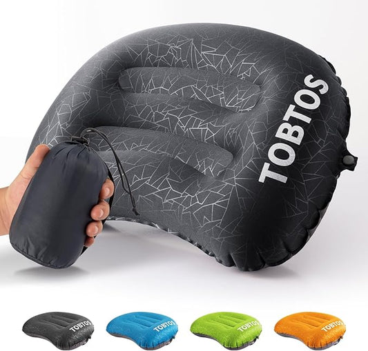 TOBTOS Camping Pillow Inflatable Pillow for Camping, Ultralight Backpacking Pillow, Ergonomic Support for Neck & Lumbar, Blow Up Air Pillow for Travel, Hiking, Outdoor (Black), 17x12