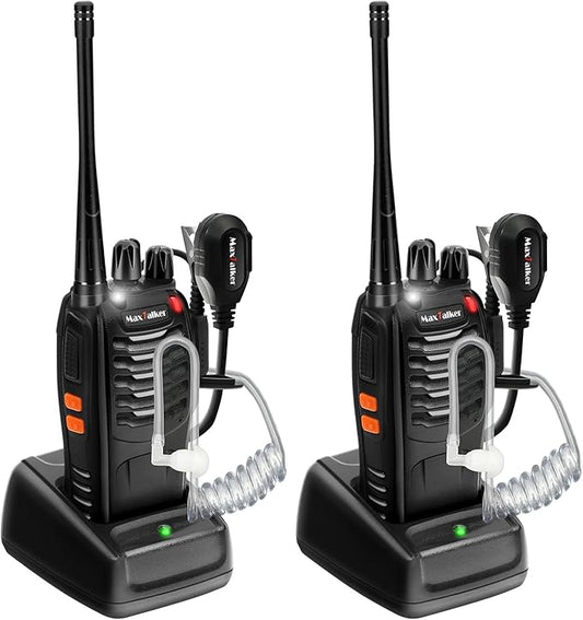 Rechargeable Walkie Talkies Long Range: MaxTalker Walkie Talkie Earpiece with Mic, Walkie Talkies for Adults 16 Channels Walky Talky, Two Way Radios with Flashlight and Charger, Walkie Talkies 2 Pack