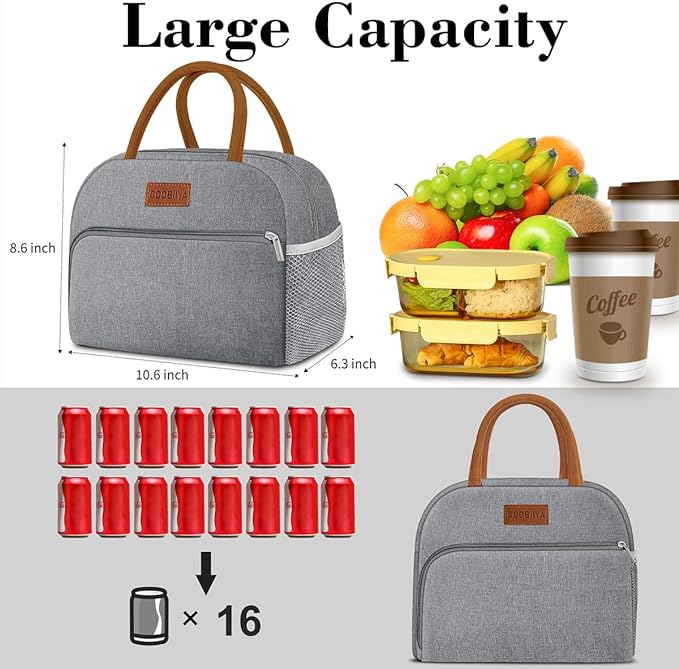 Coobiiya Lunch box for Women/Men/Adult, Lunch Box Lunch Bag Women, Small Leakproof Cute Lunch Tote Large Capacity Reusable Insulated Cooler Lunch Container for Work/Office/Picnic/Beach-Grey