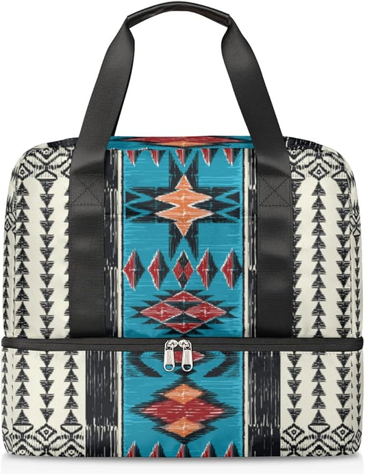 Sports Gym Duffel Bag - Aztec Boho Travel Tote, Waterproof Lightweight Swim Luggage, Weekender Overnight Handbag With Shoes Compartment for Women Men