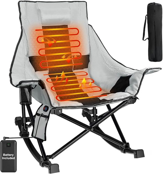 Slendor Heated Rocking Chair, Oversized Heated Camping Chair w/ 3 Levels Heat for Back+Seat, Heated Rocking Camping Chair with 20000 mAh Power Bank, Pillow, Side Pocket, Padded, Carry Bag, Gray