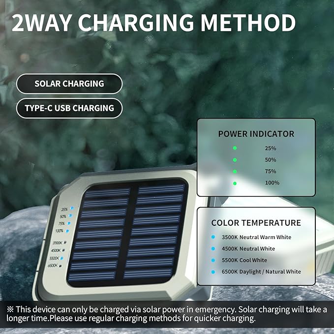 WARSUN 1000 Lumens Rechargeable LED Work Light – 6000mAh Portable Camping Tent Light with Solar Charging, 4 Color Temperatures, 3 Brightness Levels, Hanging Flashlight