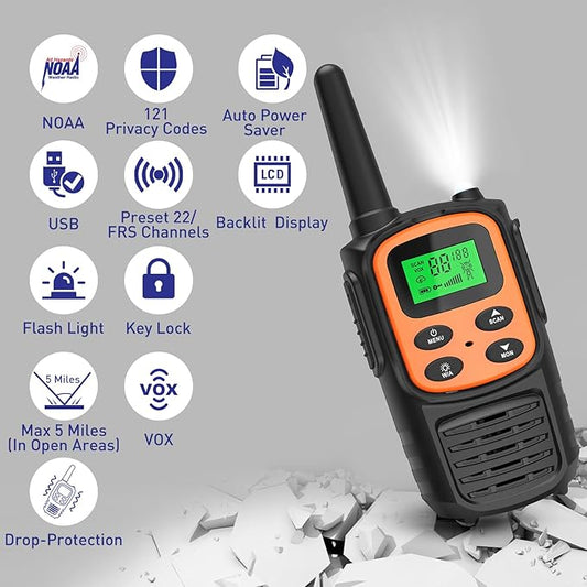 Rechargeable Walkie Talkies,Fvamom Walkies Talkies for Adults with 22 Channels,Long Range Walkie Talkies with NOAA Weather Channels,VOX LCD Display LED Flashlight (Orange)