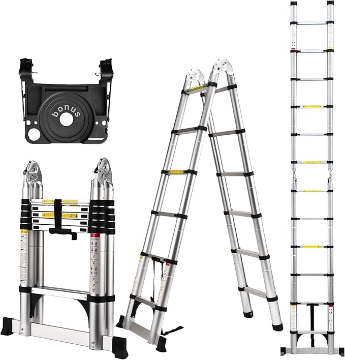 Telescoping Ladder A Frame, 12.5 Ft Compact Aluminum Extension Ladder, Portable Telescopic RV Ladder for Outdoor Camper Trips Motorhome with Tool Platform and Stabilizer Bar, 330 lb Capacity