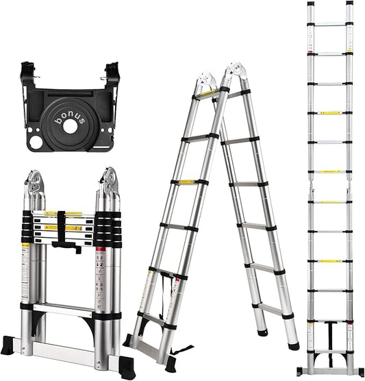 Telescoping Ladder A Frame, 12.5 Ft Compact Aluminum Extension Ladder, Portable Telescopic RV Ladder for Outdoor Camper Trips Motorhome with Tool Platform and Stabilizer Bar, 330 lb Capacity