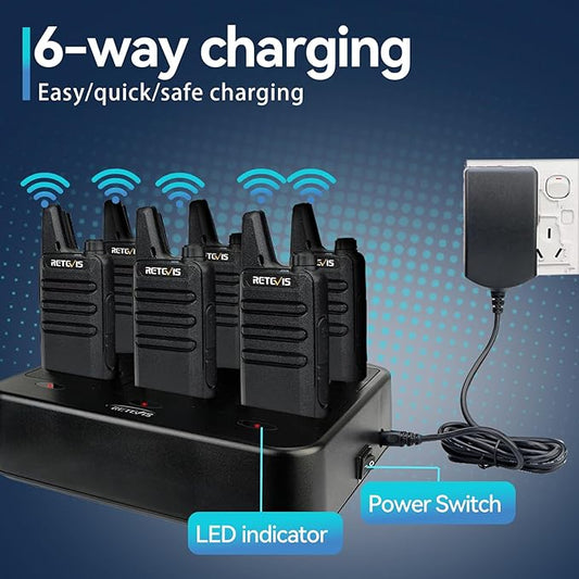 Retevis RT22 Walkie Talkies Rechargeable Hands Free 2 Way Radios Two-Way Radio(6 Pack) with 6 Way Multi Gang Charger