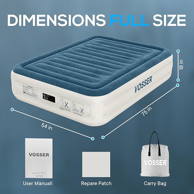Air Mattress Full with Built in Pump,18" Raised Inflatable Mattress，Thicker Blow Up Mattress 2 Mins Self-Inflation/Deflation，Luxury Upgraded Air Bed with Storage Bag for Home, Camping & Guests