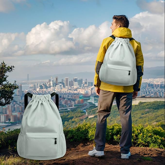 Sports Drawstring Backpack String Swimming Gym Bag Backpack with Shoes Compartment and Pocket for Men Women （light green）