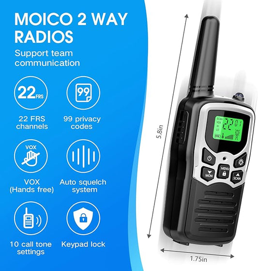 Walkie Talkies,MOICO Long Range Walkie Talkies for Adults Two-Way Radios with 22 Channels FRS VOX Scan LCD Display with LED Flashlight for Field, Survival Biking Hiking Camping 2 Pack (Silver)