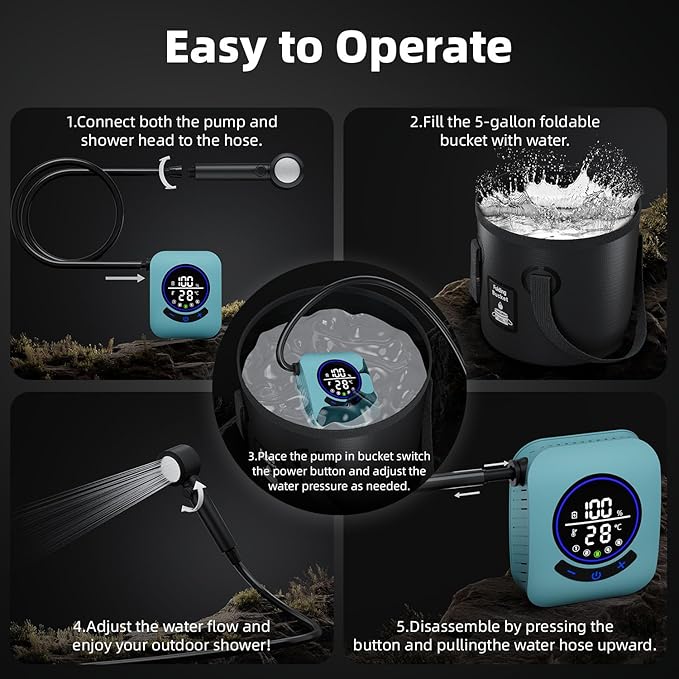 8000mAh Portable Camping Shower, Upgrade Rechargeable Electric Shower Pump with 5 Gallon Bucket, Intelligent LED Display,Portable Shower for Outdoor