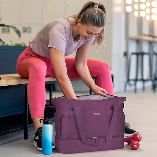 ETRONIK Gym Bag for Women, Travel Duffel Bag with USB Charging Port, Weekender Overnight Bag with Wet Pocket and Shoes Compartment for Women, Travel, Gym, Yoga (Grape Purple)