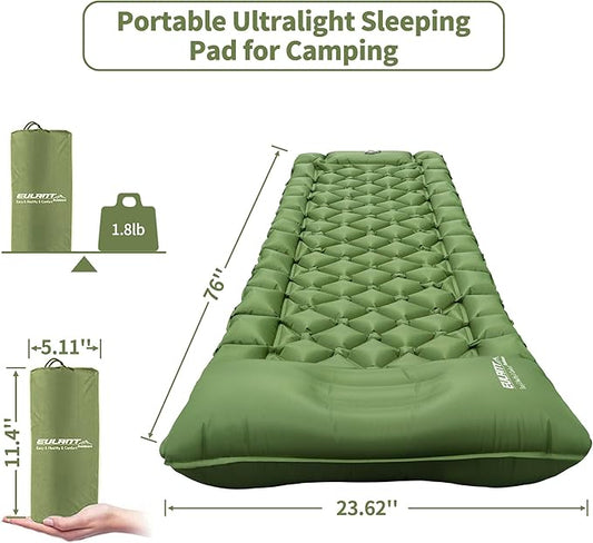 Single Sleeping Pad for Camping, Ultralight Inflatable Sleeping Mat with Pillow and Built-in Foot Pump, Portable Camping Mattress for Tent, Backpacking, Hiking, Traveling（Green）