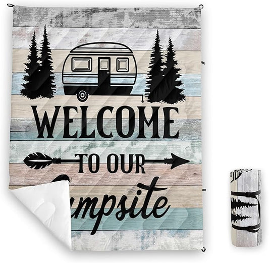 Axolotl Camping Camper Outdoor Blanket,Campsite Rv Camping Blanket,Rustic Farmhouse Vintage Wooden Lightweight Waterproof Puffy Travel Blanket,Forest Packable Outdoor Blanket for Traveling Picnic Park