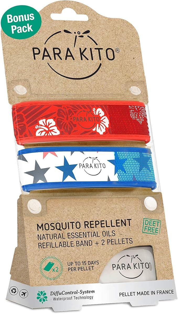 PARA'KITO Mosquito Repellent Bracelets + Refill Pellets Bundle | w/Peppermint Oil, Essential Oils | Hiking & Camping Accessories | Paraben Free, DEET Free - 2 Wristbands & 2 Refills (Hawaii + Stars)