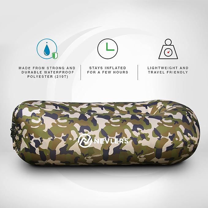 Nevlers 2 Pack Inflatable Loungers Air Sofa Couch | Perfect for Beach Chair Camping Chairs or Portable Hammock |Travel Bag Pouch, Pegs & 3 Pockets| Movie Seating & Camping Accessories Blow Up Lounger