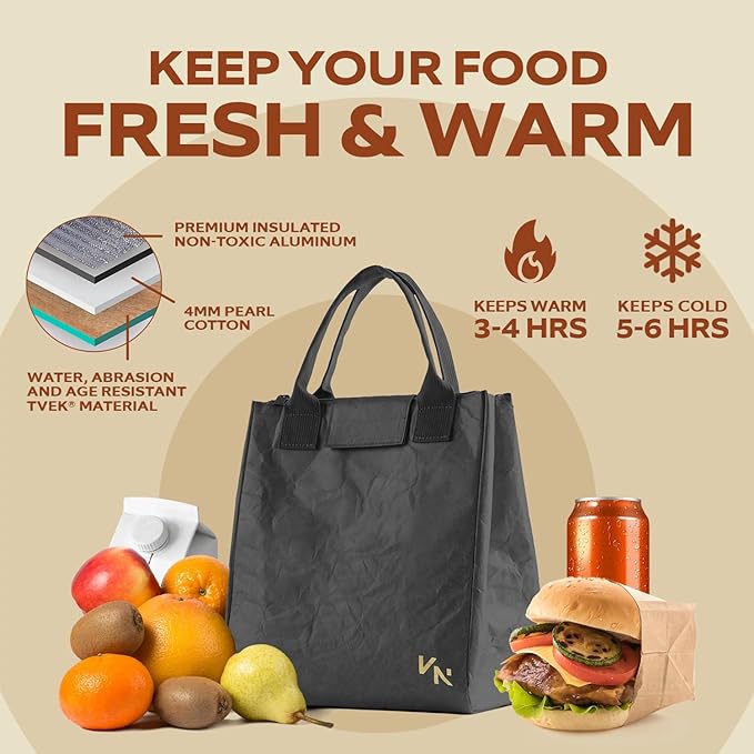 VonNova Insulated Lunch Box for Women, 7L Capacity, Leakproof Lunch Tote Bag, Durable Lunchbox made from Tyvek Material, Adult Cooler Bag for Work, Picnic, Travel and more (Black)