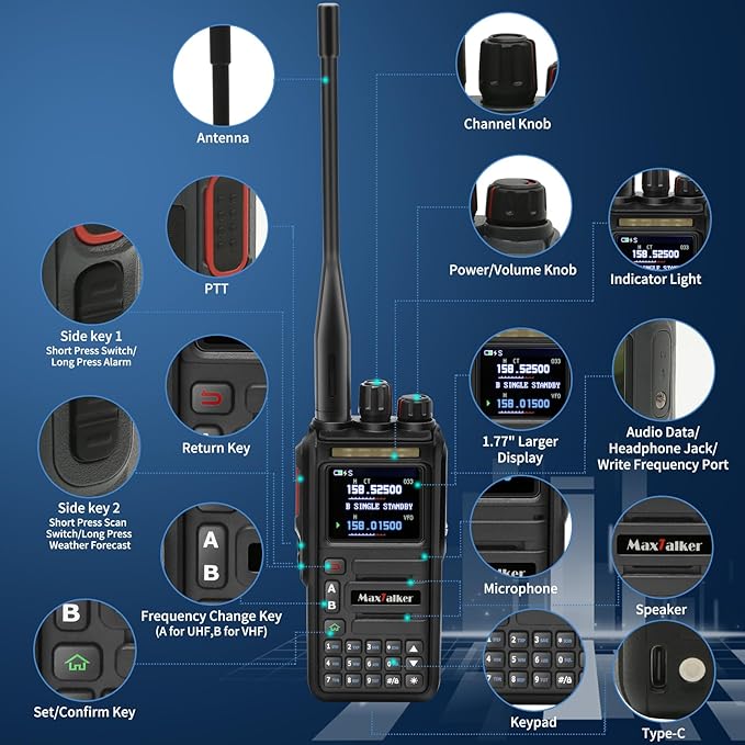 Waterproof Walkie-Talkies GMRS Ham Radio: MaxTalker TK-W60 Construction Radios Walkie Talkies 8W with Tactical Antenna, Multi-Band UHF VHF Radio, Rechargeable Heavy Duty Walkie Talkies Long Range 2PCS