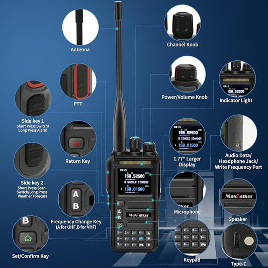 Waterproof Walkie-Talkies GMRS Ham Radio: MaxTalker TK-W60 Construction Radios Walkie Talkies 8W with Tactical Antenna, Multi-Band UHF VHF Radio, Rechargeable Heavy Duty Walkie Talkies Long Range 2PCS
