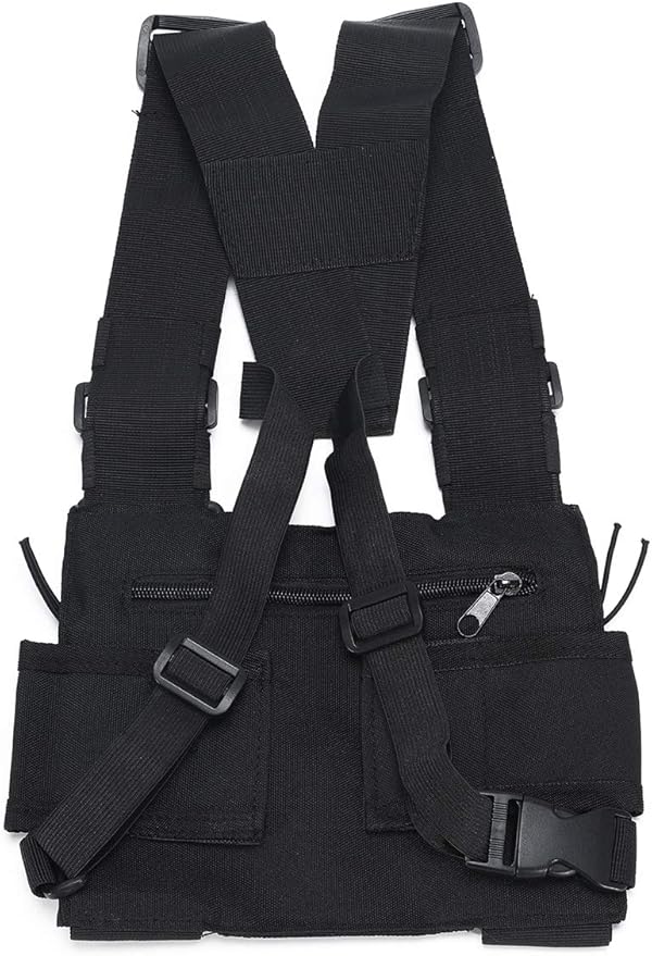 Radio Chest Harness Rig Holster Pack with Front Pouches and Zipper Bag for Universal Walkie Talkies