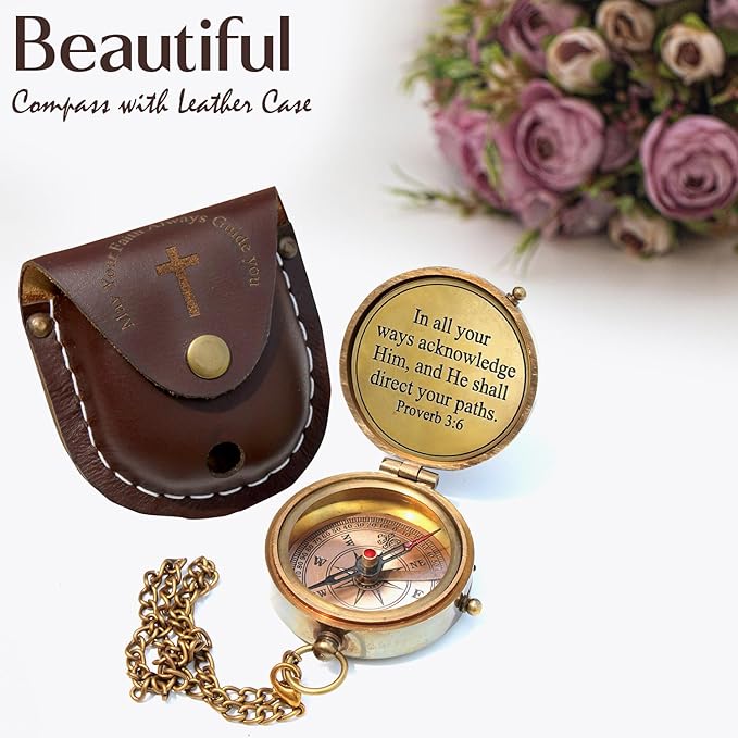 May Your Faith Always Guide You Engraved Working Compass with Leather Case Compass Religious Gift for Men & Women - Baptism, Confirmation, Communion Compass for Boys Graduation Gift