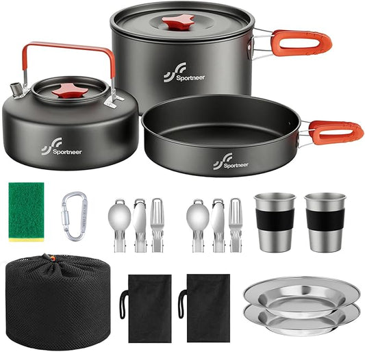 Sportneer Camping Cookware, Non-Stick Lightweight Pots Pan Set with Stainless Steel Cups Plates Forks Knives Spoons for Camping, Backpacking, Outdoor Cooking and Picnic