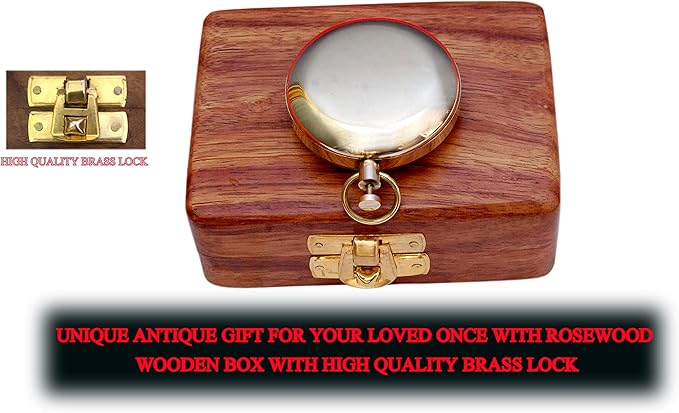 Brass Nautical Compass with Wooden Case - Antique Brass & Copper Sun Clock for Camping, Hiking, Touring - Engraved Gift for Him - Nautical Clock - Compass Gift