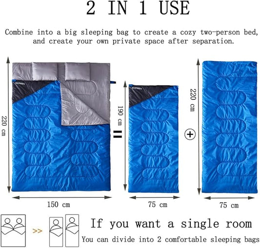 Tuphen Double Sleeping Bag, Sleeping Bag with 2 Pillows, Queen Size XL Bag for 2 People, Cold Warm Weather- 3 Seasons, Waterproof Adults for Camping, Backpacking or Hiking