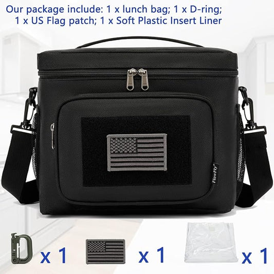 FlowFly Tactical Lunch Bag Large Insulated Lunch Box Cooler Tote for Men, Women with MOLLE/PALS Webbing (Black, Large)